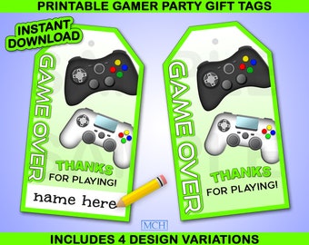 May include: Printable gamer party gift tags with a green and white design. The tags feature a black and white video game controller with the text "Game Over" and "Thanks for Playing!"