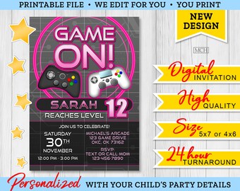 Gamer Party Invitation, Video Personalized Game Party Gaming Birthday Digital Invite Card, Digital Printable Invite, Digital Download PINK