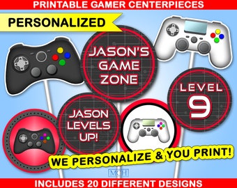 Gamer Party Centerpieces Personalized Custom Video Game Birthday Cake Topper Photobooth Photo Prop Decor Digital Printable Download RED