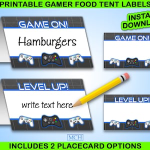 Etiquetas para tenda de comida para festa de jogador, placa de cartão de aniversário para jogos de festa de videogame, impressão digital, download instantâneo DIY AZUL