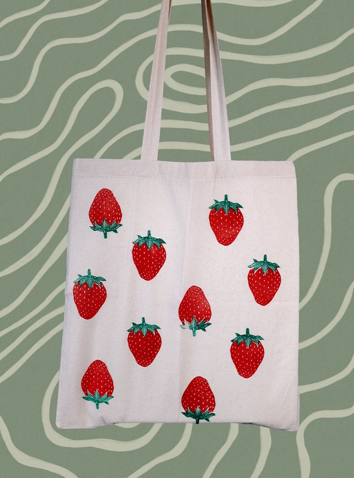 Strawberries canvas tote bag organic cotton hand-printed | Etsy