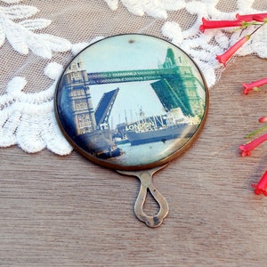 Antique hand mirror London bridge Small round mirror Collectible Gwenda Old mirror circa 1930- 40&#39;s England Boudoir mirror Travel gift idea