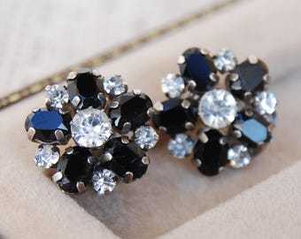 Vintage Black Crystal Flower Clip On Earrings: 1950s Retro Jewelry