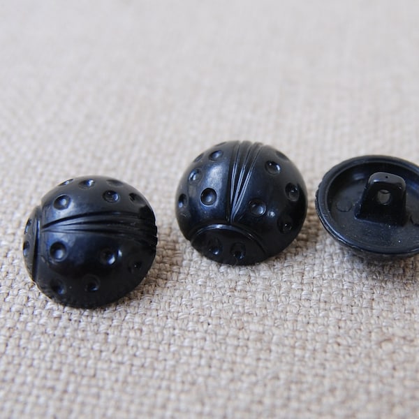 Lot de 3 boutons vintage coccinelle en plastique noir bombés, lot de 3 boutons de couture vers 1960-70 en provenance de l'URSS