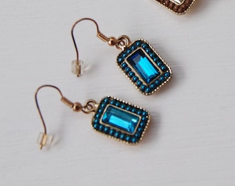 Vintage Simple Small dangle earrings with Glass Baguette crystal, London Blue/ Beige and Black earrings new old stock, Your choice