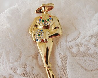 Vintage Lady figure brooch, Fashion Lady in Hat & Muff and Rhinestone necklace, Woman figural brooch 80's 90's