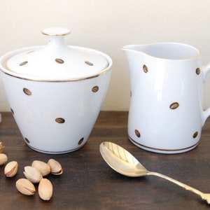 Juego de café vintage de porcelana Bavaria: azucarero, jarra de leche y calcomanía de granos de café.