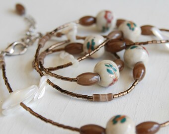 Vintage handmade long necklace 70's with Mother of Pearl stick mop branch & Ceramic bead with Flower pattern Ceramic jewelry