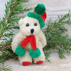 Christmas Teddy Bear toy Xmas toy with Green fur, Red hat & matching scarf Plush Bear Christmas decoration Small stuffed animal soft toy NOS