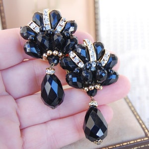 Vintage Black Beaded Clip-on Earrings: 80s Runway Statement