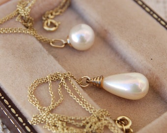 Vintage Pearl Drop pendant necklace, Dainty Chain necklace with Round Pearl / Teardrop Pearl pendant Your choice