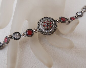 Vintage Garnet Red rhinestone bracelet in India style, Deep Ruby Red Watch style bracelet with two clasps, Gift idea for women