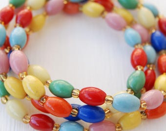 Rare Harlequin glass bead necklace Multicolor Czech Art Glass beads Flapper Length 36" Colorful summer necklace Art Deco Vintage 30's 40's
