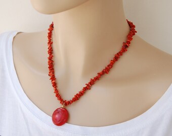 collier pendentif vintage corail rouge pour femme, collier court corail copeaux polis, collier de pierres précieuses naturelles cadeau bijoux corail