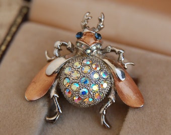 Vintage Beetle Bug small brooch with Aurora Borealis crystals, Insect costume jewelry