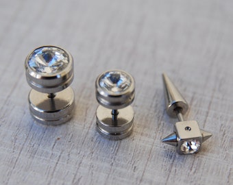 Single stud earring Men Women Unisex earring, Large Rhinestone Fake Plug earring & Spike post screw back earring, NOS earrings, Your choice