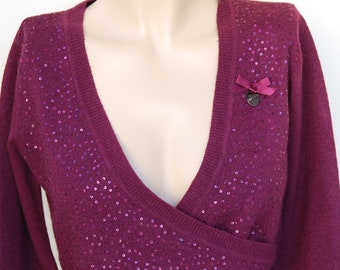 Vintage Bolero sweater with sequins, Burgundy Lana Wool long sleeve Bolero Shrug / Bolero jacket size M - L, Made in Italy