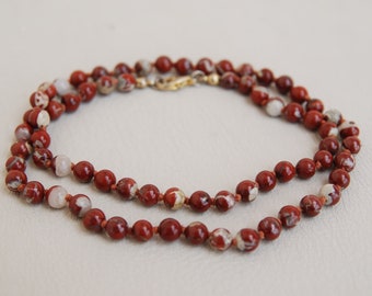 Vintage Jasper beaded necklace 5 mm 20" Hand knotted Red Poppy Jasper stone bead necklace, Jasper jewelry