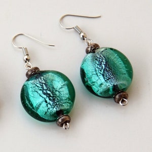 1x Murano Foil glass earrings Turquoise Green & Two tone Silver Brown round or square dangle drop earrings Art Murano glass jewelry