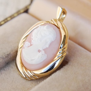 Vintage Lady Cameo Pendant: Gold Tone Frame, 1970s Jewelry