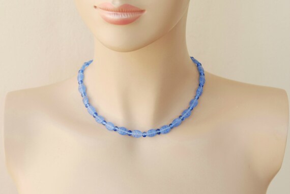 Vintage Blue glass bead necklace Beaded choker ne… - image 9