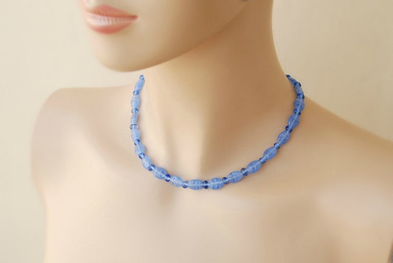 Vintage Blue glass bead necklace Beaded choker ne… - image 10