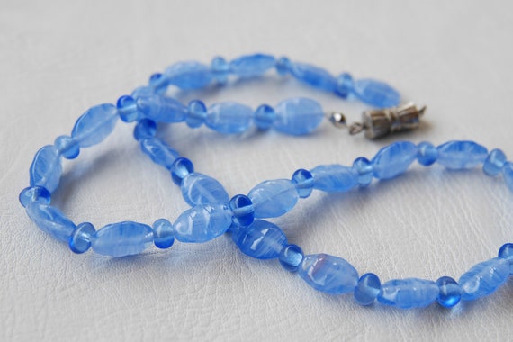 Vintage Blue glass bead necklace Beaded choker ne… - image 1