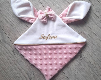 Rabbit comforter with small handmade baby bow 20x20cm in embroidered minky and personalized first name