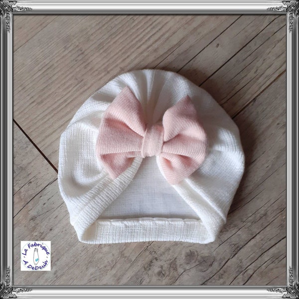 Turban bébé blanc  noeud rose ou lilas, crème nœud rose ou lilas des la naissance à adulte