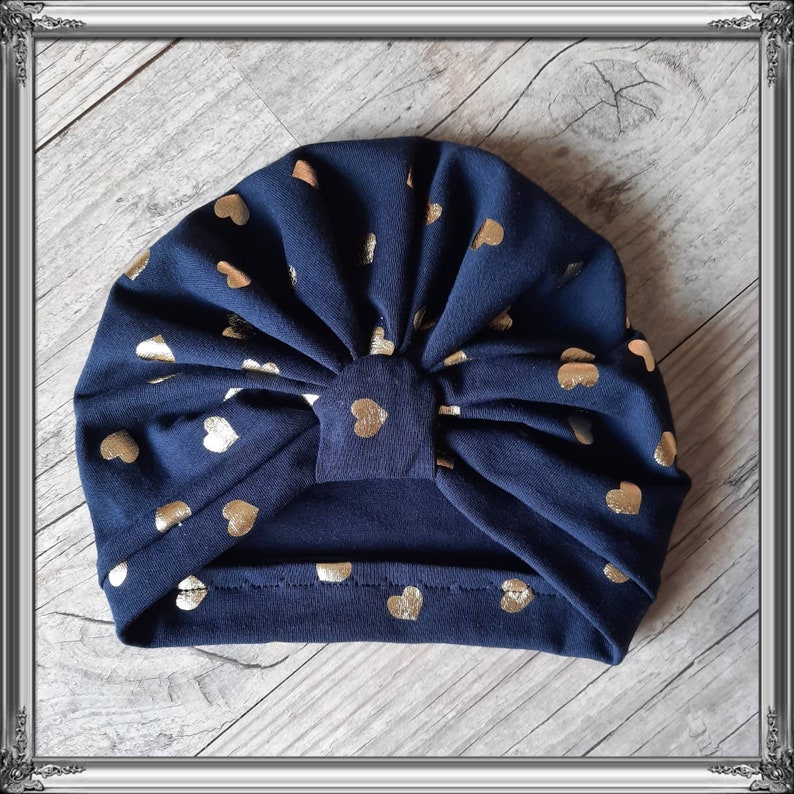 Turban bonnet simple bébé fille de la naissance à adulte Bleu marine coeur or