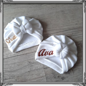 Turban hat embroidered personalized first name baby, child, adult knot, buns or swirl