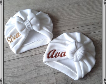 Turban hat embroidered personalized first name baby, child, adult knot, buns or swirl