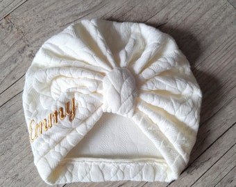 Turban hat embroidered personalized first name baby, child, adult knot, buns or simple in warm winter twisted quilted fabric