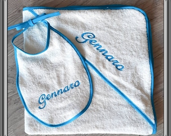 LOT: Bath outlet 75x75cm (bath cape) + bib embroidered and personalized baby name, cotton terry fabrics