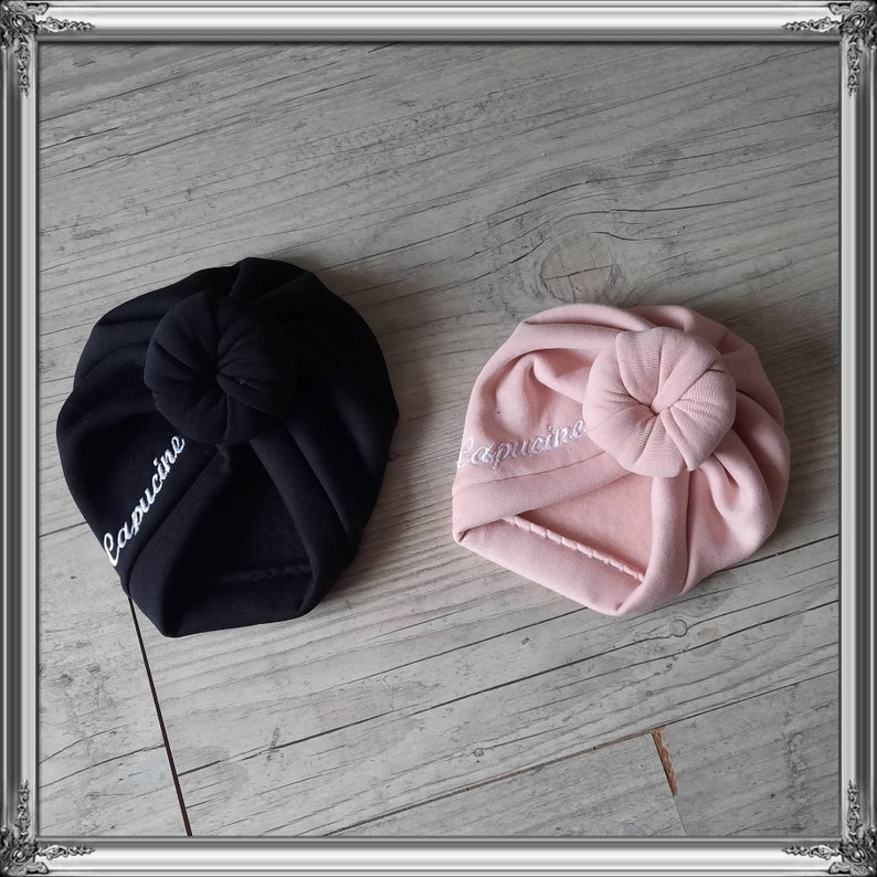 Turban bonnet brodé prénom personnalisé bébé, enfant, adulte noeud, buns ou tourbillon image 2