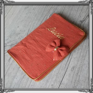 Personalized health record cover with cotton gauze or quilted fabric bow, handmade