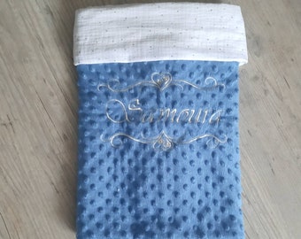 Soft blanket, handmade, lined minky noppe, cotton gauze inside baby/child spring/summer embroidered personalized first name