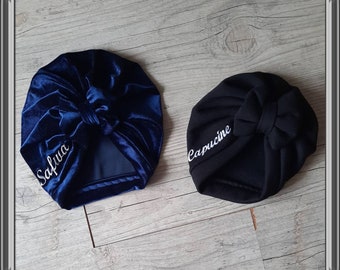 Turban embroidered cap personalized name baby, child, adult knot, buns or whirlwind