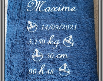 Bath towel embroidered and personalized baby first name, date of birth, time and weight of birth 50x100cm or 70x130. Cotton towel