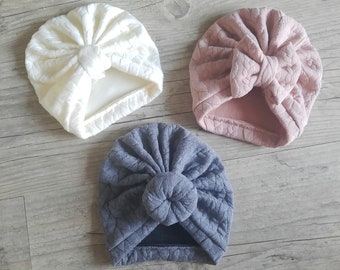 Ultra warm baby turban hat knot or buns or simple in twisted quilted fabric from birth to adult