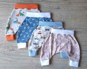 Baby harem pants in stretch jersey fabric with a girl's or boy's pattern, handmade from birth to 2 years old