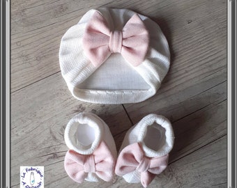 White baby turban with pink bow and matching baby booties birth set and more