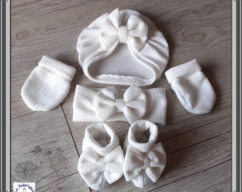 Baby bow turban + slippers + headband + matching baby mittens