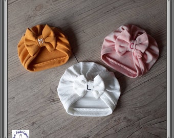 Hand-embroidered initial knot baby hat turban from birth to adult