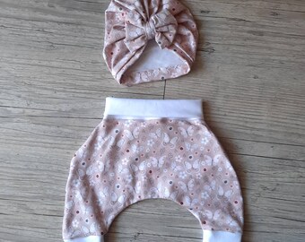 Harem pants and baby turban set in stretch jersey fabric with handmade pattern from birth to 2 years old