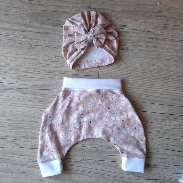 Ensemble Pantalon sarouel et turban bébé en tissu jersey extensible à motif fait main de naissance à 2 ans