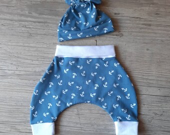 Ensemble Pantalon sarouel et bonnet bébé en tissu jersey extensible à motif fait main de naissance à 2 ans 4 couleurs au choix