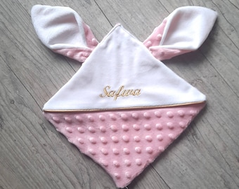 Handmade baby rabbit comforter 20x20cm in embroidered minky and personalized first name