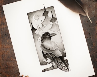 May include: A black and white drawing of a raven perched in front of a stylized mountain range with a crescent moon in the background.