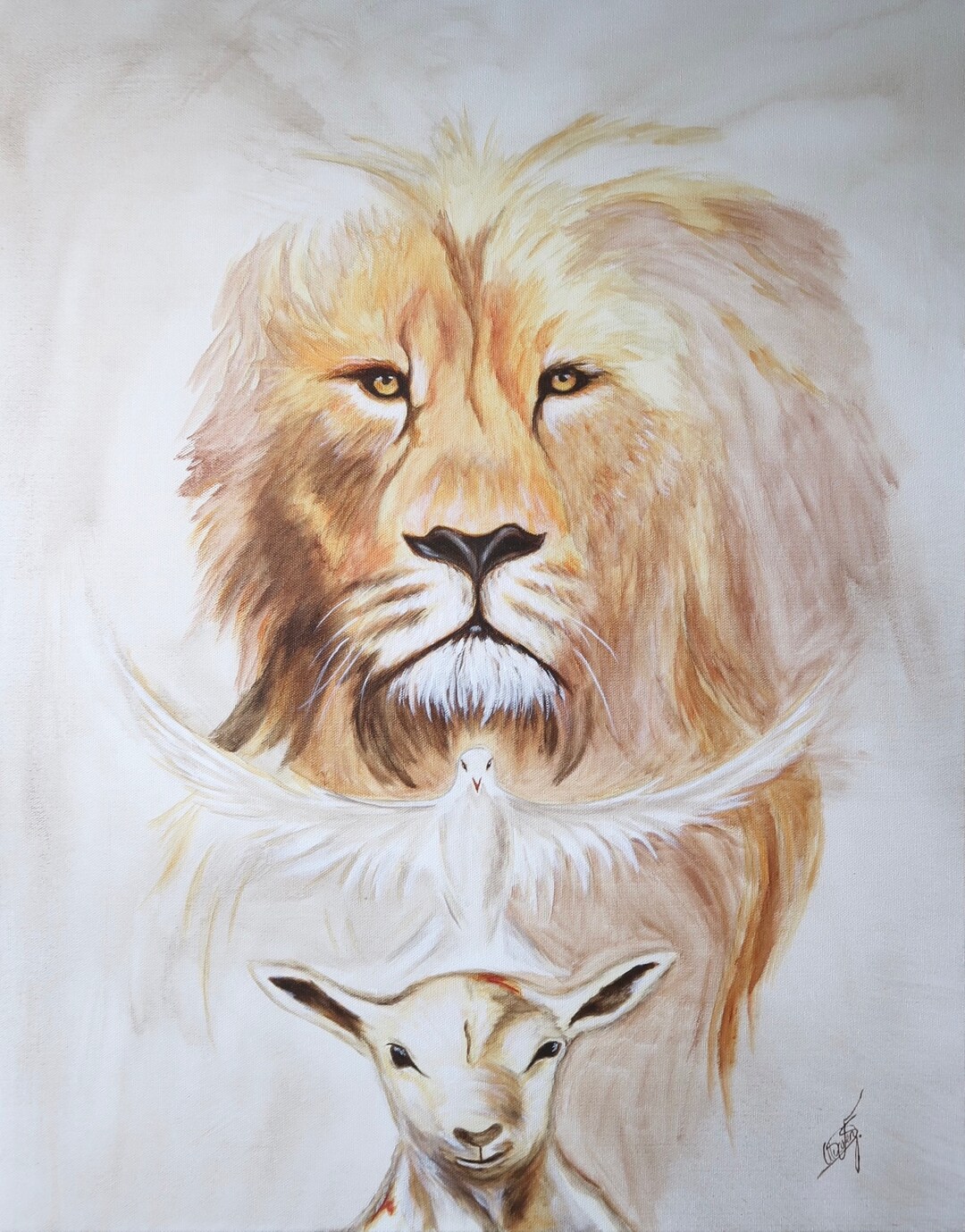 Lion, Lamb and Dove art Print of an Original Acrylic Painting, Glossy